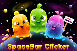 Uzay temalı arka planda, renkli ve sevimli üç karakter, biri Play with us!