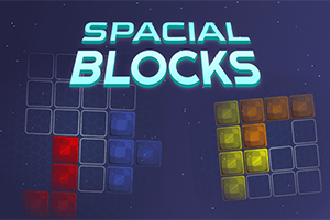 Koyu mavi arka plan üzerinde Spacial Blocks yazısı, kırmızı, mavi ve sarı renkli bloklar