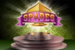 Mor bir kurdelenin üzerinde SPADES yazısı ve arka planda desenli yeşil bir zemin