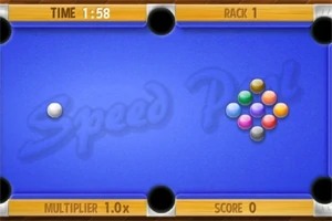 Mavi bir bilardo masasında sol üstte beyaz top ve sağda çeşitli renklerde toplar