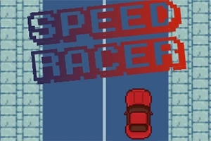 Kırmızı bir araba, mavi yolda önden arkaya doğru ilerlerken büyük piksel tarzı SPEED RACER yazısı üzerinde duruyor