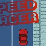 Kırmızı bir araba, mavi yolda önden arkaya doğru ilerlerken büyük piksel tarzı SPEED RACER yazısı üzerinde duruyor
