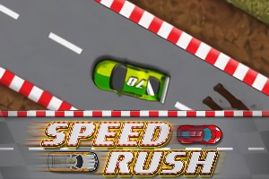 Yarış pistinde hızla giden yeşil bir yarış arabası ve altta Speed Rush yazısı