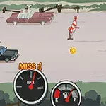 Çizgi film tarzı bir otoyolda siyah bir araba, trafik konisi, bir altın madeni parası ve alt kısımda bir hız göstergesi ile birlikte