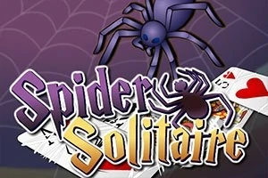 Örümcek ve iskambil kartlarının üzerinde Spider Solitaire yazısı ile ağ temalı arka plan
