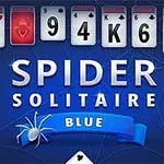 Mavi arka planda iskambil kağıtları ve ortasında Spider Solitaire Blue yazısı bulunan bir görüntü