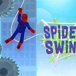 Mavi ve kırmızı kostümlü bir karakter ipte sallanıyor; arka planda iki yüksek bina ve Spidey Swing yazısı görünüyor