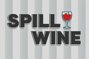 Beyaz ve gri dikey çizgili arka plan üzerinde Spill Wine yazısı ve bir kadehte kırmızı şarap