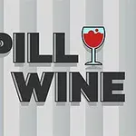 Beyaz ve gri dikey çizgili arka plan üzerinde Spill Wine yazısı ve bir kadehte kırmızı şarap