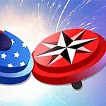 Amerikan bayrağı desenine sahip mavi ve beyaz yıldızlar ile kırmızı yıldız desenli iki yuvarlak obje, patlayan bir ışığın önünde