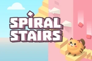 Sevimli bir kedi, pastel renkli spiral merdivenlerde oturuyor ve arka planda bulutlar ve yazı bulunuyor