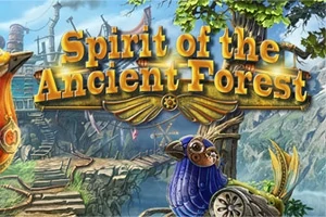 Spirit of the Ancient Forest yazısının üzerinde bulunduğu, ahşap köprü ve mekanik kuşların olduğu orman manzarası