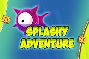 Deniz mavisi arka planda, büyük gözlü mor bir deniz canlısı ve sarı büyük harflerle yazılmış Splashy Adventure yazısı