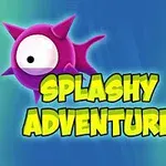 Deniz mavisi arka planda, büyük gözlü mor bir deniz canlısı ve sarı büyük harflerle yazılmış Splashy Adventure yazısı