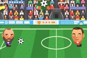 Karikatür tarzında iki futbolcu, çim bir futbol sahasında karşı karşıya duruyor; arka planda seyirci dolu tribünler bulunuyor