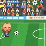 Karikatür tarzında iki futbolcu, çim bir futbol sahasında karşı karşıya duruyor; arka planda seyirci dolu tribünler bulunuyor