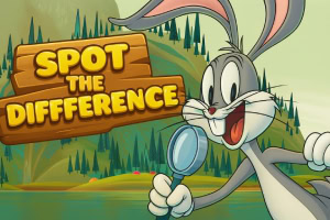Çizgi film karakteri elinde büyüteç tutarken arka planda orman manzarası ve Spot The Difference yazısı bulunuyor