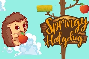 Sevimli bir kirpinin elma tuttuğu ve yanında Springy Hedgehog yazılı bir tabelanın bulunduğu renkli bir resim