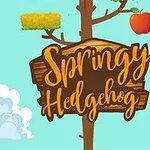 Sevimli bir kirpinin elma tuttuğu ve yanında Springy Hedgehog yazılı bir tabelanın bulunduğu renkli bir resim