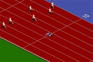 Kırmızı bir atletizm pistinde yerde yatan bir koşucu ve arka planda çeşitli pozisyonlarda koşan karakterler