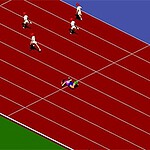 Kırmızı bir atletizm pistinde yerde yatan bir koşucu ve arka planda çeşitli pozisyonlarda koşan karakterler