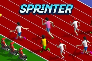Kırmızı bir atletizm pistinde koşan çizgi karakterler ve kenarda oturan hakemler