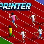 Kırmızı bir atletizm pistinde koşan çizgi karakterler ve kenarda oturan hakemler