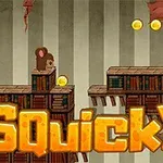 İki kitap rafının üzerinde duran fareler ve etraflarında altın para simgeleri, altında büyük sarı renkte Squicky yazısı