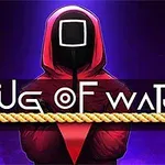 Kırmızı kapüşonlu ve kare maskeli bir karakter, üzerinde Tug of War yazılı bir ip ile gösteriliyor