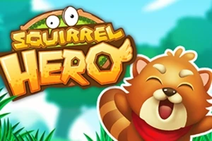 Neşeli bir kırmızı panda, ön planda gülümseyerek duruyor; arka planda “Squirrel Hero” başlığı yer alıyor