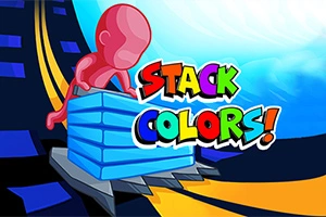 Kırmızı bir figür, elindeki mavi blokları tutarken, arka planda renkli Stack Colors!