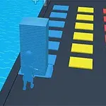Kırmızı bir figür, elindeki mavi blokları tutarken, arka planda renkli Stack Colors!