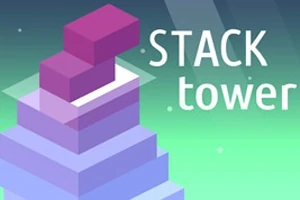 Yeşil bir arka plan üzerinde üst üste dizilmiş mor ve pembe renkli bloklardan oluşan bir kule ve yanında STACK tower yazısı