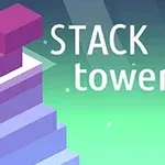 Yeşil bir arka plan üzerinde üst üste dizilmiş mor ve pembe renkli bloklardan oluşan bir kule ve yanında STACK tower yazısı