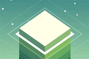 Yeşil tonlarda, üst üste dizilmiş kare platformlar ve arka planda geometrik desenlerin yer aldığı minimalist tasarım