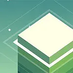 Yeşil tonlarda, üst üste dizilmiş kare platformlar ve arka planda geometrik desenlerin yer aldığı minimalist tasarım