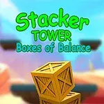 Yeşil renkli Stacker Tower Boxes of Balance metni ve ön planda üst üste duran ahşap kutular, arka planda bulanık bir doğa manzarası