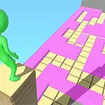Yeşil renkli bir figür, elinde bir dizi üst üste dizilmiş nesne ile pembe ve bej karelerden oluşan bir platformda duruyor