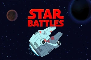 Uzayda, kırmızı renkli Star Battles yazısının altında yıldızlarla çevrili bir uzay gemisi ve arka planda iki gezegen