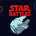 Uzayda, kırmızı renkli Star Battles yazısının altında yıldızlarla çevrili bir uzay gemisi ve arka planda iki gezegen