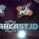 Uzay temalı bir arka plan üzerinde iki farklı renkli uzay gemisi ve Starblast