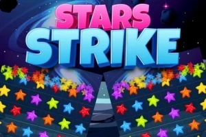Renkli yıldızların bulunduğu bir oyun ekranı ile koyu mavi bir arka plan üzerinde STARS STRIKE yazısı