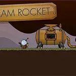 Kahverengi arka planlı bir sahnede, Steam Rocket yazısı, uzay elbisesi giymiş bir figür ve bir buhar makinesine bağlı roket tasviri