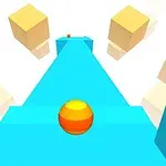Turuncu ve sarı bir top, mavi bir platform üzerinde ilerlerken çevresinde sarı küpler bulunan minimalist bir sahne