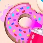 Pembe kremalı ve renkli şekerlemelerle süslenmiş bir donut ve yanında sprey boya