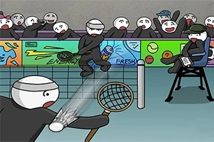 Çizgi film tarzında iki raketle oynayan karakterin bulunduğu bir tenis sahası ve arka plandaki izleyiciler