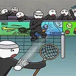 Çizgi film tarzında iki raketle oynayan karakterin bulunduğu bir tenis sahası ve arka plandaki izleyiciler
