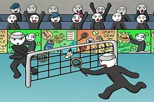 Siyah giyimli iki çöp adam badminton oynarken, etrafında coşkulu bir kalabalık ve renkli reklam panoları bulunuyor