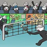 Siyah giyimli iki çöp adam badminton oynarken, etrafında coşkulu bir kalabalık ve renkli reklam panoları bulunuyor