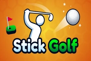 Turuncu bir arka plan üzerinde golf sopası sallayan beyaz bir figür, yanında büyük bir golf topu ve bir golf deliği bayrağı ile Stick Golf yazısı